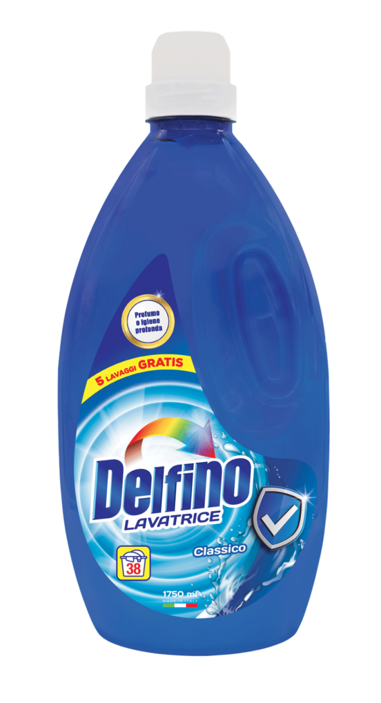 Опаковка течен перилен препарат Delfino Classico – 38 пранета, с класически дизайн.