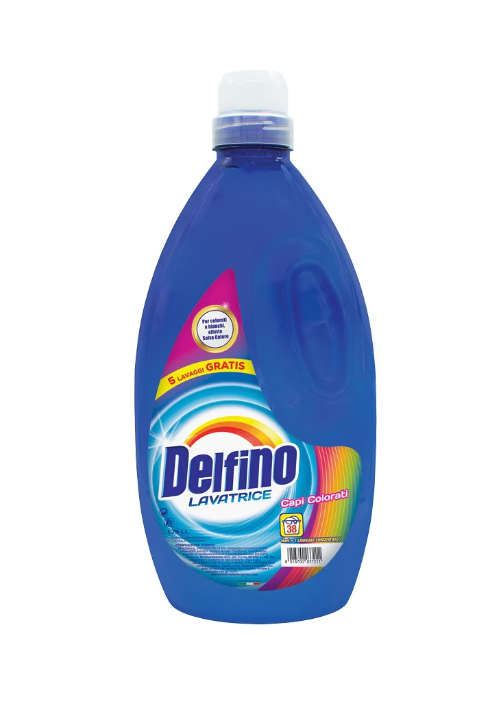 Опаковка течен перилен препарат Delfino за цветно пране – 38 пранета с цветен етикет.