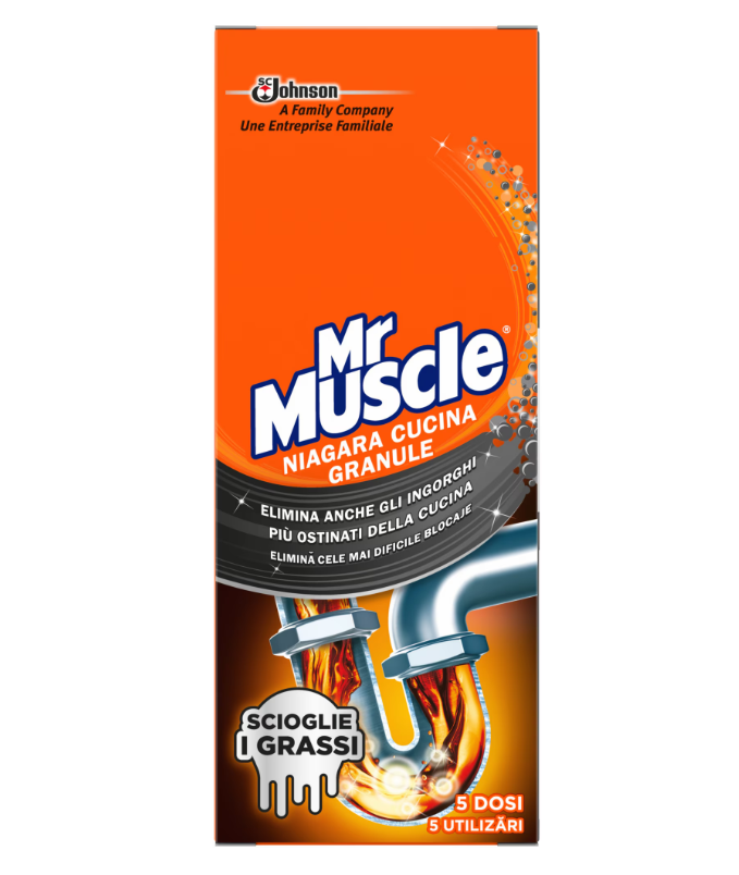 Опаковка Mr. Muscle гранули за отпушване на тръби 250 г с червено-оранжев дизайн.
