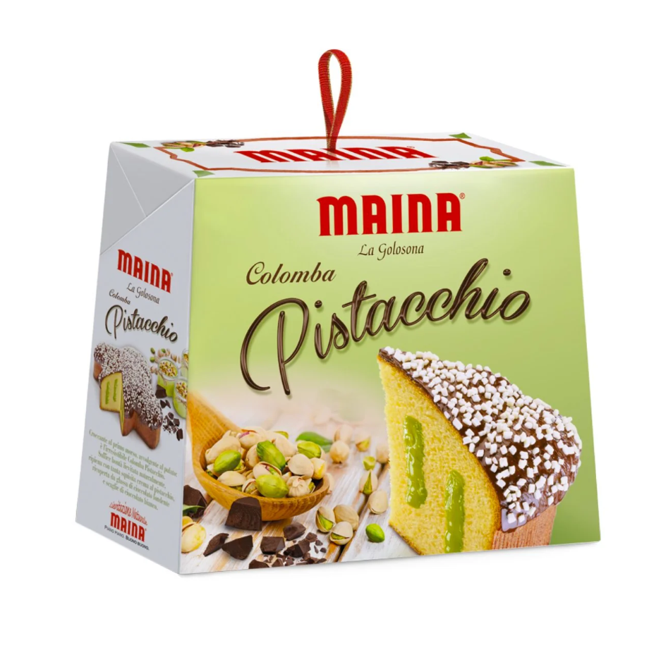 MAINA Коломба с Шам Фъстък 750 г – Великденски кекс с крем от шам фъстък, покрит с тъмен шоколад и бели шоколадови парченца
