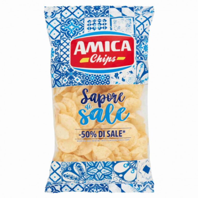 Пакет AMICA Чипс с 50% по-малко сол – 175 г – хрупкави картофени чипсове с намалено съдържание на сол.