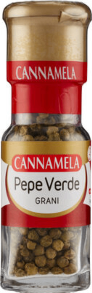 Стъклен буркан със зелен пипер на зърна Cannamela 55 г с елегантен червен капак