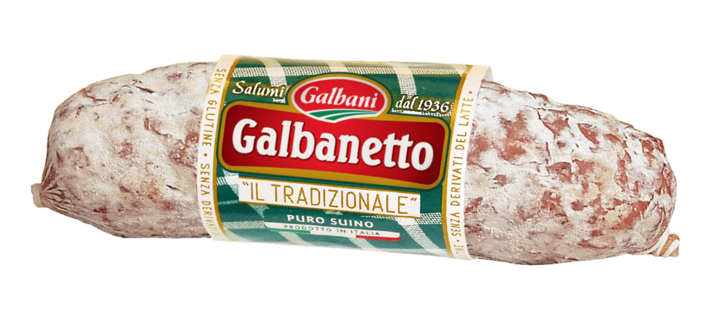 Салам Galbani Галбането – малък цял салам с наситен червен цвят, обвит в естествена обвивка.