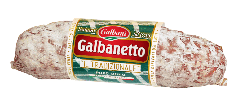 Салам Galbani Галбането – малък цял салам с наситен червен цвят, обвит в естествена обвивка.