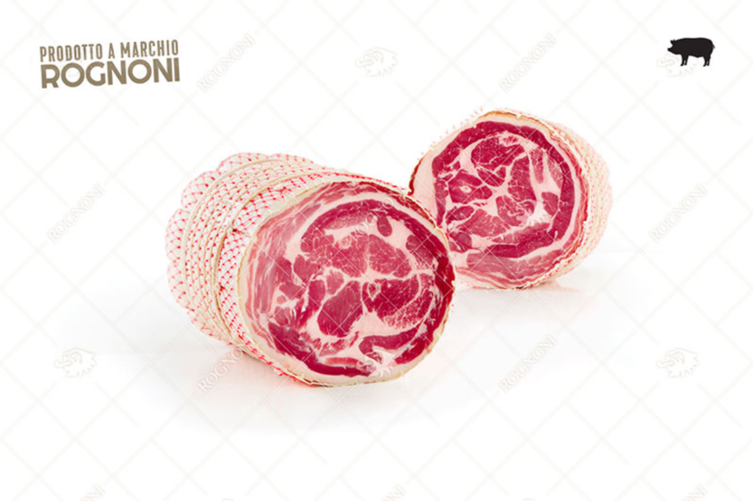 220181.png Копата от свински врат Rognoni, увита в панчета – автентичен италиански деликатес, нарязан на резени.