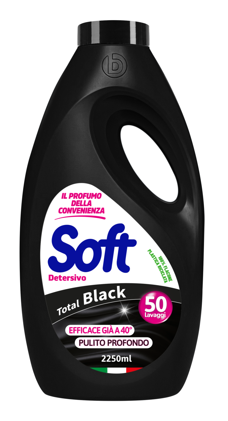 Бутилка течен перилен препарат Soft Total Black 2250 ml за 50 пранета с грижа за тъмни дрехи.