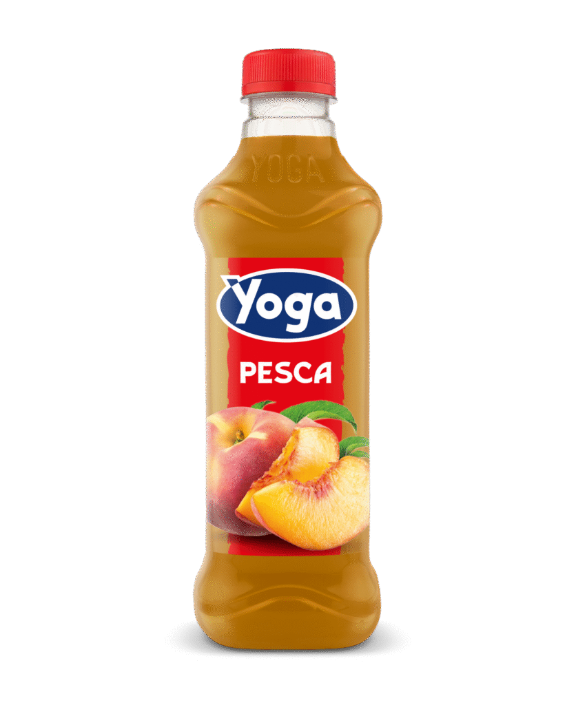 Бутилка сок Yoga с вкус на праскова 1 л с ярък и свеж етикет.