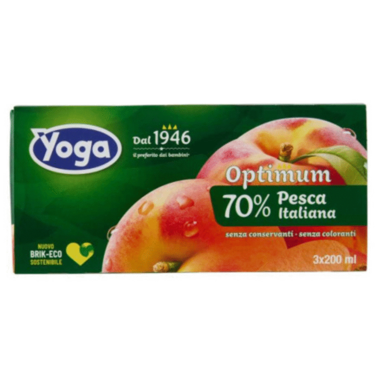 Плодов сок Yoga Optimum Праскова в трипак – 3 кутии по 200 г с изображение на праскова отпред.