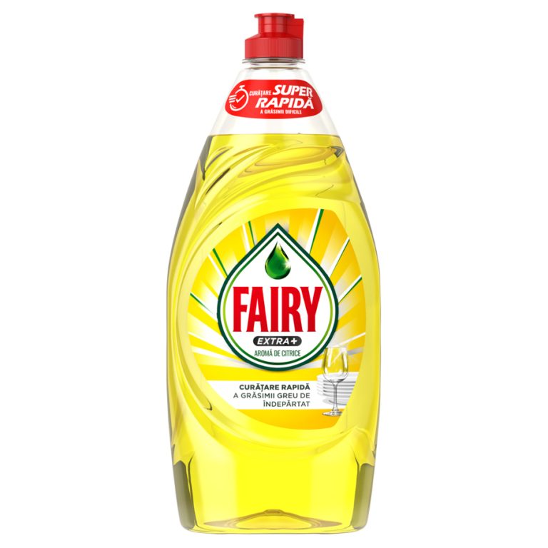Fairy Extra+ Citrus 900 мл – мощен течен препарат за съдове, премахва мазнини и осигурява хигиенично почистване с цитрусов аромат.